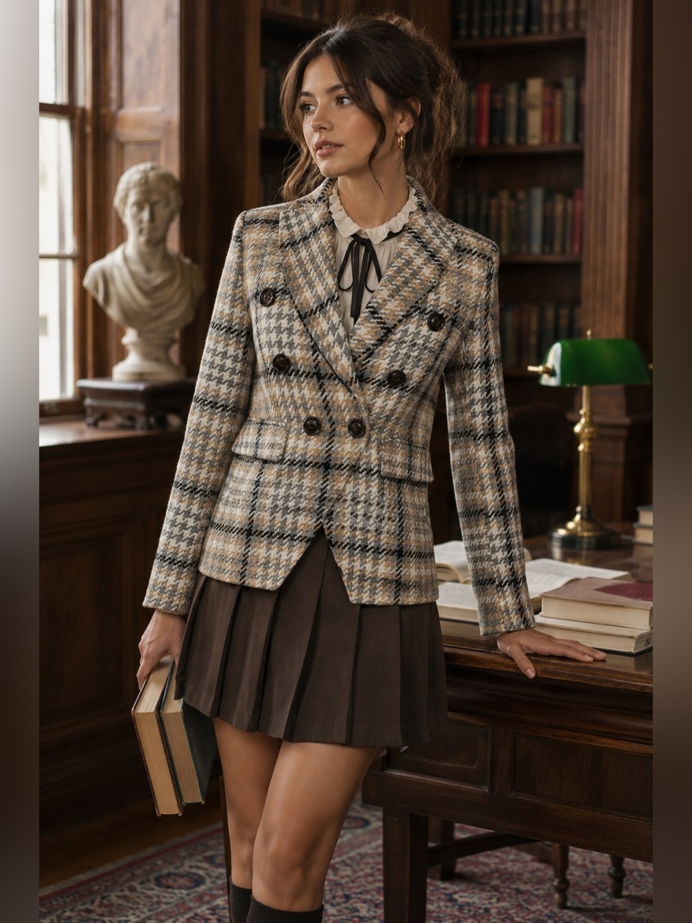 Love Token Tweed Beige Gray Black White Plaid Blazer Size XS LT100-179
